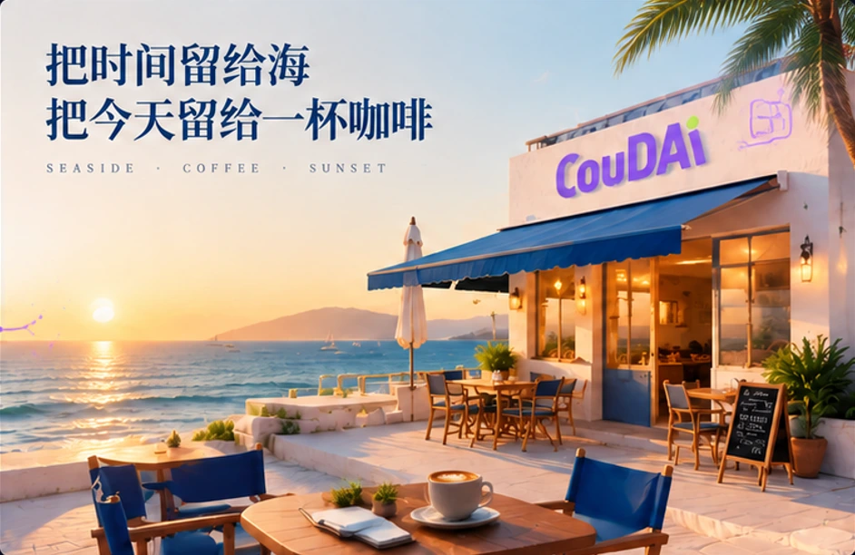CouDAi 海边咖啡店的暖阳开业宣传海报
